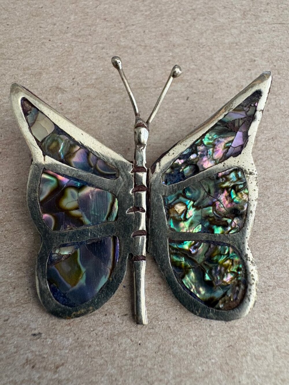 Vintage Mexican 1970s sterling and abalone butterfly brooch
